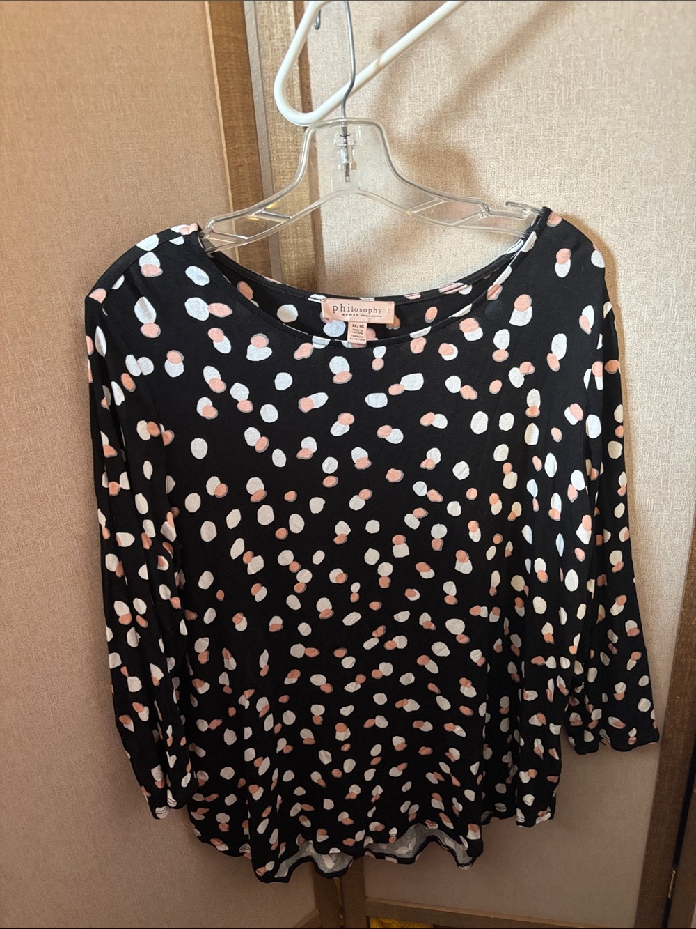 Philosophy Black Long Sleeve Top with Pink & White Dot Print 1X